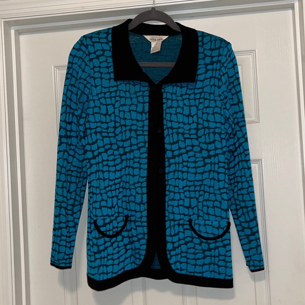 Exclusively Misook Blue Teal Patterned Button-Front Cardigan Sweater Size S